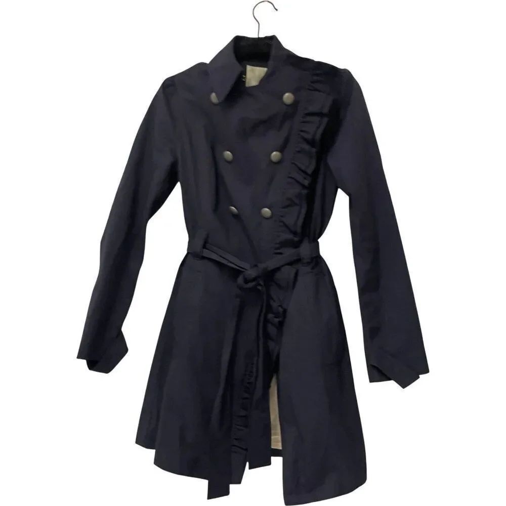 Elevenses Antropologie Womens Trench Coat Size 4 XS Navy Blue Ruffled Trim